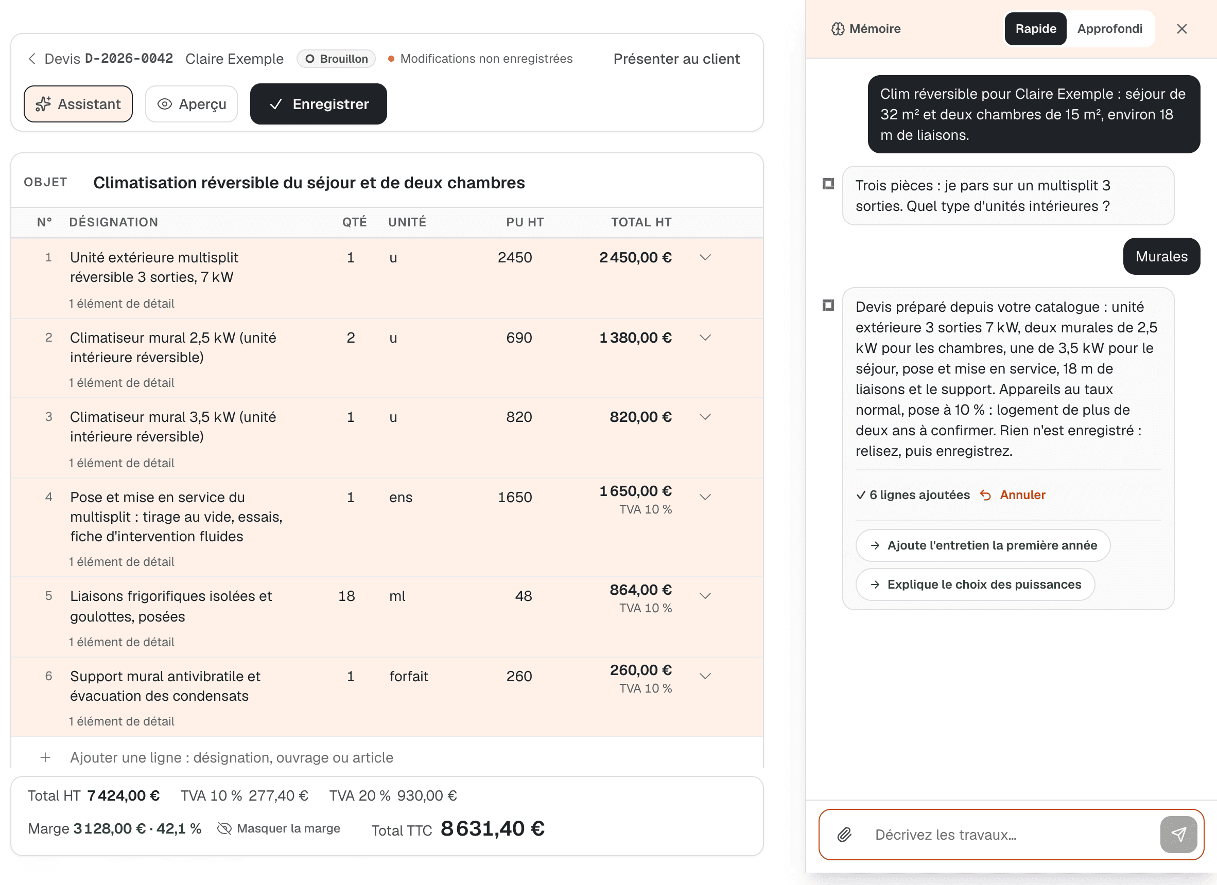 Éditeur de devis d'Ossatia avec l'assistant ouvert : la demande « Clim réversible pour Claire Exemple : séjour de 32 m² et deux chambres de 15 m² », la question de l'assistant sur le type d'unités, puis six lignes ajoutées depuis le catalogue (unité extérieure, climatiseurs muraux, pose, liaisons, support) avec TVA par ligne, marge interne de 42,1 % et total de 8 631,40 € TTC.