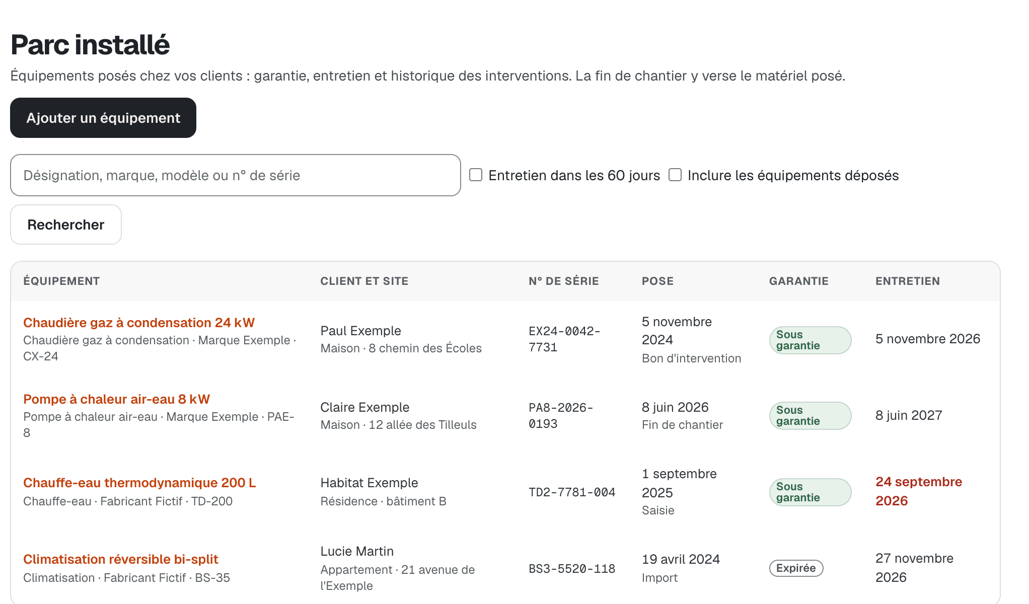 Écran Parc installé : équipements posés chez les clients avec numéro de série, date de pose, garantie et date du prochain entretien.